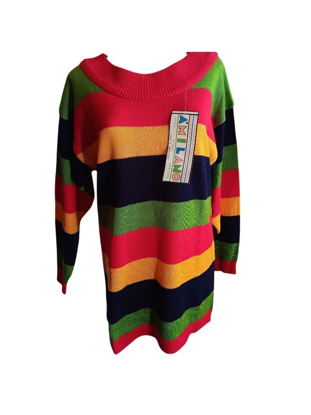 NWT 1990's Small Vintage Ámilano Striped Knit Mini Dress  Long Sleeve Acrylic